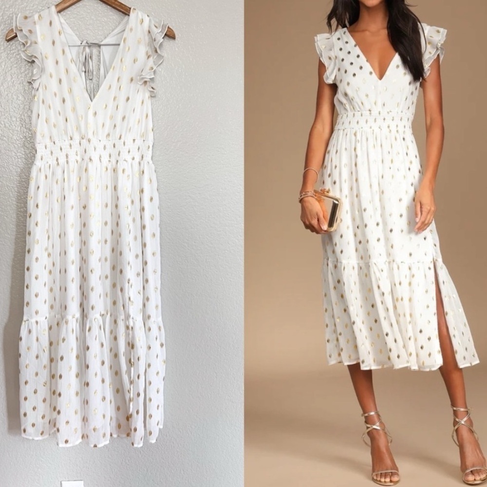 Cause to Celebrate White and Gold Dot Ruffled Tiered Midi Dress